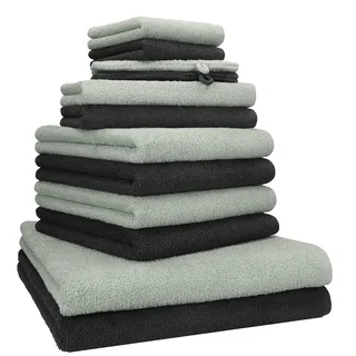 Betz Berlin Handtuch-Set 12-teilig – 100% Baumwolle – Oeko-TEX® Zertifiziert – 360g / m2 Grammatur – Duschtücher, Handtücher, Gästetücher & Waschhandschuhe Farbe Jade - Graphit