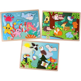 PLANÈTE BOIS 052463A Earth Sea Sky Puzzle-FSC-Bildungsspiel-Erste Überlegungen-052463A-8 Teile-Zufälliges Modell-Holz-Kinderspiel-Kinderpuzzle-30 cm x 22,5 cm-Ab 2 Jahren