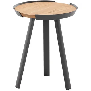 Gartenbeistelltisch , Anthrazit, Teakfarben , Holz, Metall , Teakholz , massiv , rund , Stativgestell , 40x50x40 cm , gastro- und objekttauglich, wetterbeständig, abnehmbares Tablett , Gartenmöbel, Gartentische, Loungetische
