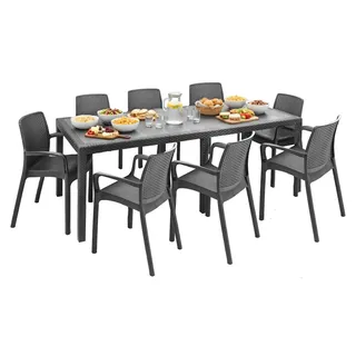 Outdoor Lounge Set Arret, Outdoor Lounge Set, Ausziehbarer rechteckiger Tisch mit 8 Stühlen mit Armlehnen, Italy, Anthrazit - Schwarz
