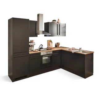 Stella Trading Jazz 8 Moderne Eckküche mit Elektrogeräten in Schwarz matt, Lanzelot Eiche Optik - Geräumige Küchenzeile in L-Form mit viel Stauraum - 280 x 211 x 60 cm (B/H/T)