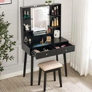 Schminktisch mit 3 Farben LED-Licht und 5 Ablagen, einstellbare Helligkeit, schwarz - Bunt
