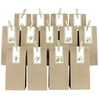 Adventskalender Set Goldene Zahlen Streifen mit Papiertüten und Holzklamm. Y067
