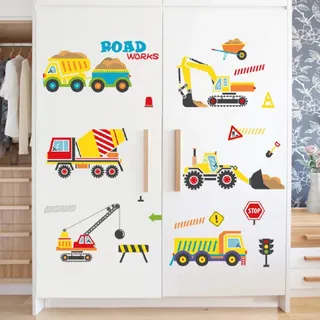 WandSticker4U®- Wandtattoo Kinderzimmer Junge BAUSTELLE XXL (150x58 cm) I Wandsticker Bagger Baustelle Fahrzeuge Kran Autos Babyzimmer I Wandaufkleber Kinderzimmer Deko Junge Möbel Aufkleber GROß