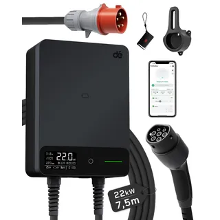 dé Wallbox 22kW mit APP, 7,5m Typ 2 Ladekabel mit Kabelhalter, 3-Phasen EV-Ladegerät (6-32A, 400V), für BEV/PHEV, RCD Type A 30mA AC + 6mA DC & IP54-Schutz, effiziente Ladestation für Zuhause, Schwarz