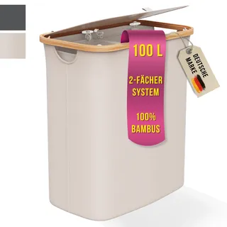 Wäschekorb mit 1 Deckel 2 Fächer 100 Liter Bambus-Stoff Beige Groß - Wäschesammler Wäschebox mit Henkel Wäschetrenner Wäsche Korb Wäschetruhe Wäschebehälter Laundry Basket | Celeko Hell