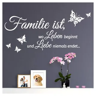 Grandora Wandtattoo Spruch Familie ist, wo Leben beginnt und Liebe Niemals endet... I Weiß (BxH) 80 x 40 cm I Wohnen Schmetterling Wandsticker W5547