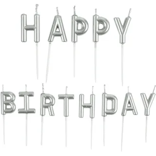 Homéa, Set mit 13 Buchstabenkerzen Happy Birthday + Kunststoffspieß, Höhe 8 cm, silberfarben