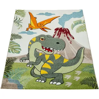 Paco Home Kinderzimmer Teppich Grün Dinosaurier Dschungel Vulkan 3-D Effekt Kurzflor, Grösse:Ø 120 cm Rund