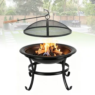 Eikuavons Feuerschale Ø 55 cm mit Funkenschutz, Grillrost und Schürhaken, Outdoor Feuerstelle aus Eisen für Garten und Terrasse, Schwarz