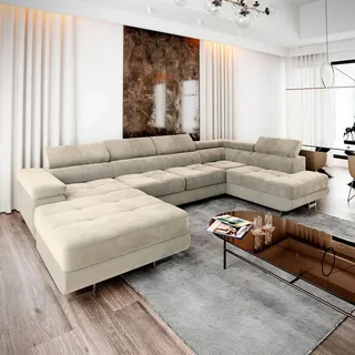 masseno Ecksofa CASONE R-S mit Schlaffunktion U-Form, Sofa mit Bettkasten, Wohnzimmersofa, Couch, Soffa, Bettsofa, Couchgarnitur- Creme, MONOLITH 04 - Creme