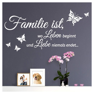 Grandora Wandtattoo Spruch Familie ist, wo Leben beginnt und Liebe Niemals endet... I Weiß (BxH) 80 x 40 cm I Wohnen Schmetterling Wandsticker W5547