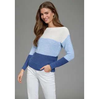 Streifenpullover LAURA SCOTT, Damen, Gr. 40/42, blau (blau, weiß gestreift), Grobstrick, Obermaterial: 50% Baumwolle, 50% Polyacryl, gestreift, figurumspielend hüftlang, U-Boot-Ausschnitt, Pullover Streifenpullover, leichter Übergangspullover mit Strukturstrick