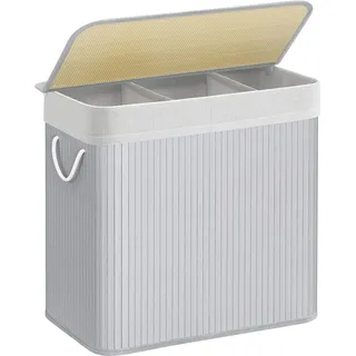 Songmics Wäschekorb 3 Fächer, 150 L Wäschesammler mit Deckel, Wäschebox Bambus, mit Griffen, faltbar, Wäschesack herausnehmbar maschinenwaschbar, Waschküche, grau LCB091G01