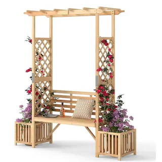 Bank für den Garten mit Bogen – Gartenbank mit Pergola – Gartenbank aus Holz – Rankhilfe für Kletterpflanzen – Bank mit integriertem Pflanzkasten – Zweisitzige Holzbank