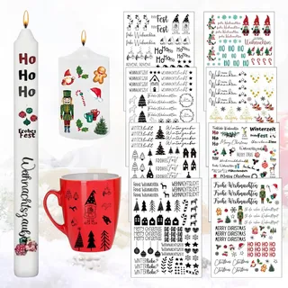 8 Stück Kerzentattoo Weihnachten, Wasserschiebefolie Kerzen Tattoo, Kerzen Tattoofolie, Kerzensticker Weihnachten, für Stabkerzen Kleine Kerzen Tasse Keramik