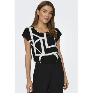 Shirtbluse ONLY "ONLVIC S/S AOP TOP NOOS PTM", Damen, Gr. 34 (XS), schwarz (schwarz aop:maritime great logo), Web, Obermaterial: 97% Polyester, 3% Elasthan, bedruckt, regular fit hüftlang, Rundhals, Blusen Shirtbluse, mit Allover Druck, Topseller