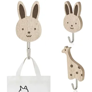 NUTKIT 2 Stück Kleiderhaken Kinder, Süße Tier Kleiderhaken, Tier-Wandhaken Aus Holz, Selbstklebende Haken für Dekor, Bad, Toilette Kinderzimmer, Kindergarderobe Haken für Jacken, Mäntel&Schals-Holz