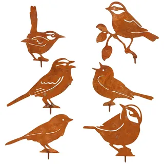 Augshy 6 Stück Gartenstecker Rost Vögel, 18 cm Gartendeko für Garten | Metall, Rostdeko für Garten, Terrasse und Balkon, Rustikale Vögel, Gartenstecker mit Schraube