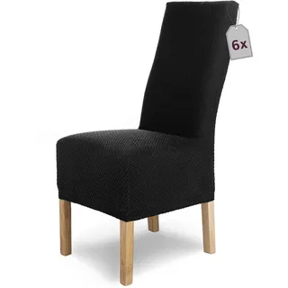 SCHEFFLER-Home Stuhlhussen Stretch Luna-Lang/Stuhlüberzug 6er Set Schwarz/elastische Flanell Stuhlabdeckungen/Stuhlhussen Schwingstühle/Spann-Bezug Stuhl Überwurf als eleganter Schonbezug