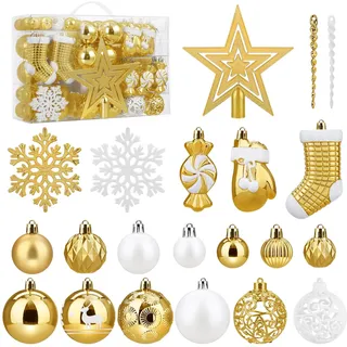 SOLEDI® 128er Set Premium Weihnachtskugeln Kunststoff Gold Weiß mit Baumspitze Stern - Robuste und Sichere Christbaumschmuck Set mit Aufhängen - Christbaumkugeln Bunt, Mehrweg Weihnachtsdeko