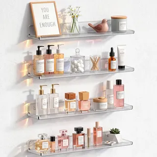 Lifewit 4 Pack Kunststoff Wandregal, 35,5cm Schweberegal Wand trag. 6kg | Hängeregal für Kinderzimmer Schlafzimmer Wohnzimmer Bad Küche, Wall Shelf Regalbrett Bilderleiste Bücherregal, Transparent