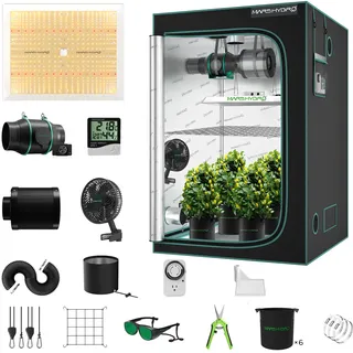 MARS HYDRO TSW2000 Growzelt Komplettset,LED Vollspektrum Dimmbar Grow Lampe, 120X120X200cm 1680D Hohe Reflektivität Grow Box Komplettset,6" 402CFM Effizientes Belüftungssatz,10-Gang-Lüfter