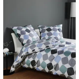 Janine Design Mako-Satin-Bettwäsche-Garnitur J. D. 87106 Farbe blau Größe 135x200+80x80 - Blau, Weiß, Grau