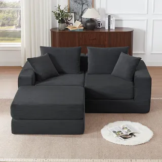 Modulsofa aus Cord, flexibel als Doppelsofa, Tripelsofa, L-Sofa oder Gästebett kombinierbar, Anti-Rutsch-Basis, übergroße Armlehnen und stützende Rückenlehne - Grau