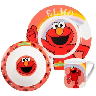 UNITED LABELS Elmo Frühstücksset Kinder, mit Elmo, Geschirr Set Porzellan, 3-teilig mit Teller, Schale und Tasse, spülmaschinenfest und mikrowellengeeignet