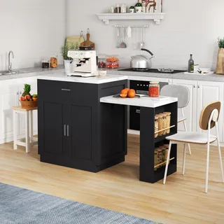 Merax Kücheninsel mit ausziehbarem Esstisch, Sideboard mit Küchentisch, Steckdose, Aufbewahrungsschrank, 2 Schubladen, 2 seitlich offene Regale - Schwarz