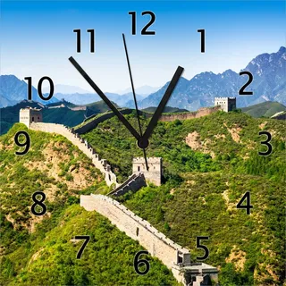 Wallario Design Wanduhr Die Chinesische Mauer - Wahrzeichen in China im Sommer aus Echtglas, Größe 30 x 30 cm - Blau