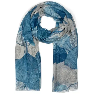 styleBREAKER Schal "Langer Schal Ginkgo Leaves" 1 Stk., blau, weiß