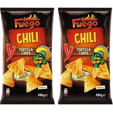 Fuego - Tortilla Chips Chili | Mexikanische Tortillachips mit Chiligeschmack | Knuspriger Snack aus Maismehl | 450 g im Beutel (Packung mit 2)