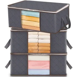 Lifewit 3 Stück 35L Aufbewahrungstasche, Unterbett Aufbewahrungsbox Kleideraufbewahrung, Faltbare Umzugskartons mit Klarem Fenster für Bettdecken Kleidung Decke T-Shirts Kleiderschrank, Grau