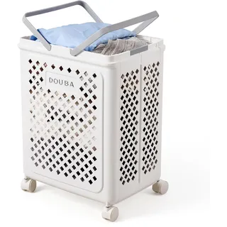50L Wäschekorb Plastik Faltbarer Wäschekorb mit Henkel,Wäschesammler,Wäschebox mit Rollen für Zimmer, Badezimmer, Schlafzimmer und Wohnheim,Weiß