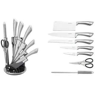 ROYALTY LINE, RLKSS600, Messerblock 8-teilig mit Fächerständer, Schere, Messer aus rostfreiem Stahl, rutschfeste Griffe, Schärfer inklusive - Silber - Standardgröße