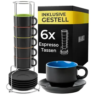 MIAMIO - Espressotassen Set 6 x 75 ml - Le Papillon Kollektion (Bunt) | Kaffeetassen Set 6er mit Untertasse & Ständer, Kaffeebecher Keramik, außen matt-schwarz und innen farbig.