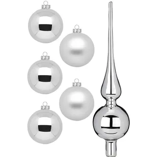 Weihnachtsbaumkugel MAGIC BY INGE "Frosty Silver, Weihnachtsdeko, Christbaumschmuck", bunt (silberfarben, weiß), H:28cm Ø:6cm, Glas, Weihnachtsbaumkugeln, Weihnachtsbaumkugel, Christbaumkugeln aus Glas, 45 Kugeln Ø ca. 4-6 cm, inkl. Spitze 28 cm