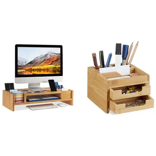 Relaxdays Monitorständer, Bildschirmständer aus Bambus, 14 Fächer, 15x65x28 cm, Natur & Schreibtisch Organizer Bambus, Stiftehalter Holz, Schreibtischbox Schubladen, HxBxT: 9,5 x 12,5 x 15 cm, Natur