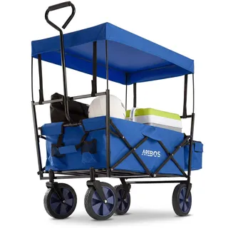 Arebos Bollerwagen faltbar mit Dach | Handwagen | Transportwagen | faltbar | Faltwagen | Gerätewagen | 2 Netztaschen und Einer Außentasche | bis 70 kg Tragkraft | 360° Vollgummireifen | Blau