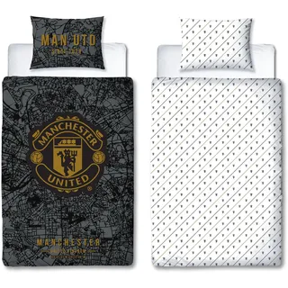 Offiziell Lizenziertes Einzelbett-Bettwäscheset von Manchester United FC, Kartendesign | Schwarz-graues, beidseitig verwendbares Fußball-Bettwäscheset inklusive passendem Kissenbezug