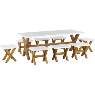 Beliani Gartenmöbel SET 8-Sitzer Faserzement weiß 9-teilig Olbia , Weiß, Hellbraun , Stein , Gartenmöbel, Gartengarnituren, Gartenmöbel-Sets