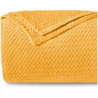 Dreamzie - Flauschig Fleecedecke 220 x 270 cm - Kuscheldecke Mikrofaser 100% Polyester 260gsm - Decke Sofa mit Fischgrätmuster und weicher Haptik - Gelb