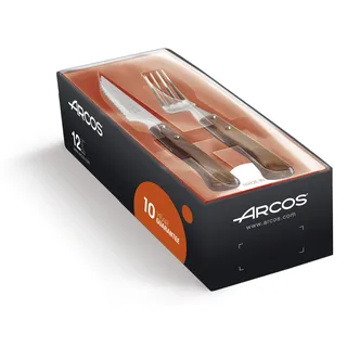 Arcos Besteckset 12-teilig - 6 Steakmesser und 6 Gabeln aus Buchenholz und Edelstahl, Ideal für Fleisch - Braun, Serie Mesa