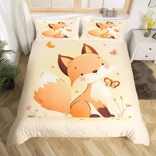 Loussiesd Kleiner Fuchs Bettwäsche Set 135x200cm Cartoon Fuchs Betten Set Nettes Tier Kawaii Fluffy Bettbezug Set für Kinder Mädchen Jungs 3D Tier Thema Orange Bettwäsche-Set