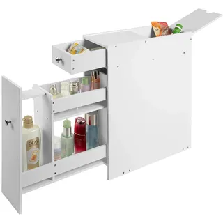 BAKAJI Badezimmer-Schrank, platzsparend, aus MDF-Holz, weiß, mit 2 Schubladen, 3 Fächern und versenkbarem Fach, Maße: 48 x 16 x 58 cm
