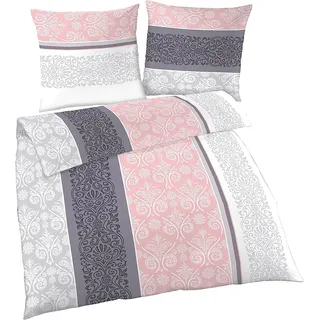 Fein Biber Bettwäsche 155x220 cm – 2-teilig mit Kissenbezug 80x80 cm, warme Winterbettwäsche für Erwachsene, Blockstreifen rosa grau
