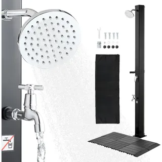 SucceBuy Solardusche 35L, Gartendusche 2160 mm mit Bodenplatte & Fußarmatur, Außendusche mit Warm- und Kaltwasserregelung, Campingdusche für Garten, Pool und Strand, Schwarz - Schwarz