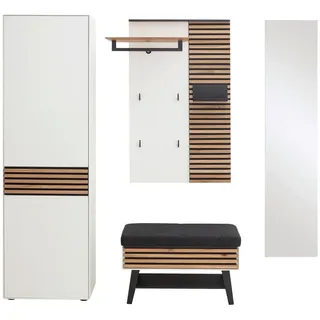 Schöner Wohnen Garderobe , Weiß, Eichefarben , Holz, Glas, Metall, Textil , 4-teilig , Kerneiche , massiv , 214x196x41 cm , Goldenes M , Garderobe, Garderoben-Sets & Garderoben-Serien, Garderoben-Sets